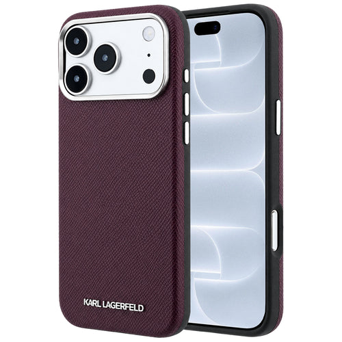 Husă pentru iPhone 17 Pro / iPhone 18 Pro, Karl Lagerfeld Grained Leather Elongated Logo MagSafe, Bordo