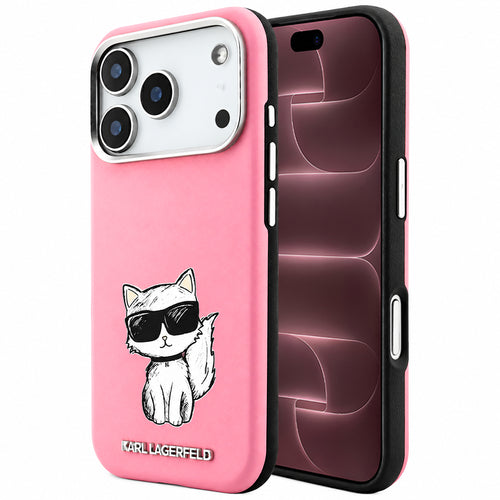 Husă pentru iPhone 17 Pro Max / iPhone 18 Pro Max, Karl Lagerfeld Smooth Leather Choupette Sketch MagSafe, Roz