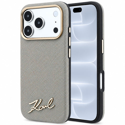 Husă pentru iPhone 17 Pro / iPhone 18 Pro, Karl Lagerfeld Saffiano Small Script Metal Logo MagSafe, Gri