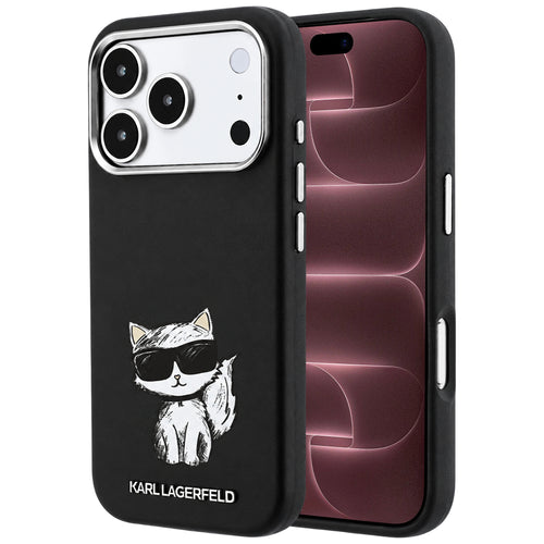 Husă pentru iPhone 17 Pro Max / iPhone 18 Pro Max, Karl Lagerfeld Leather Smooth Choupette Sketch MagSafe, Neagră