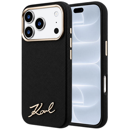 Husă pentru iPhone 17 Pro / iPhone 18 Pro, Karl Lagerfeld Saffiano Small Script Metal Logo MagSafe, Neagră