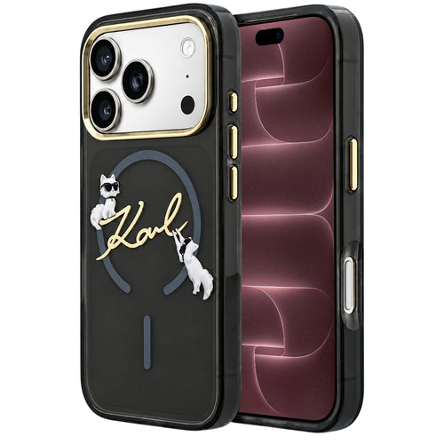 Husă pentru iPhone 17 Pro Max / iPhone 18 Pro Max, Karl Lagerfeld IML Choupette and Karl Script Logo MagSafe, Neagră