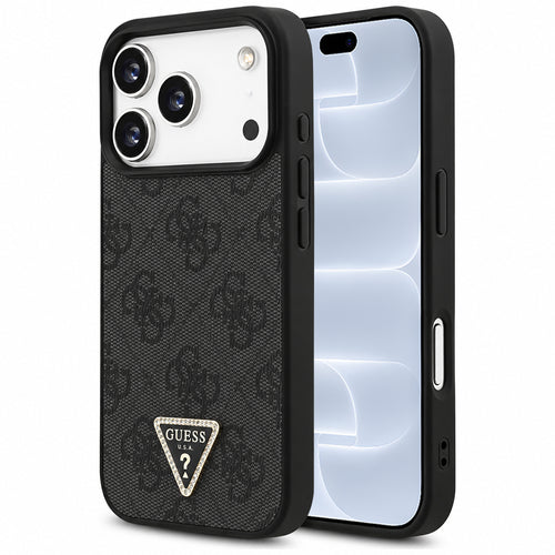 Husă pentru iPhone 17 Pro / iPhone 18 Pro, Guess Leather 4G Triangle Strass MagSafe, Neagră