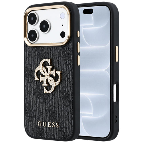 Husă pentru iPhone 17 Pro / iPhone 18 Pro, Guess Leather 4G Big Strass Logo, Neagră