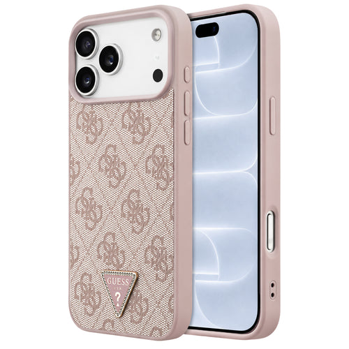 Husă pentru iPhone 17 Pro / iPhone 18 Pro, Guess Leather 4G Triangle Strass MagSafe, Roz