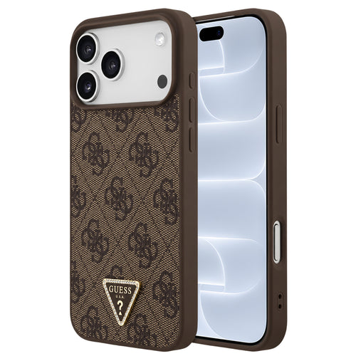 Husă pentru iPhone 17 Pro / iPhone 18 Pro, Guess Leather 4G Triangle Strass MagSafe, Maro
