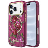 Husă pentru iPhone 17 Pro / iPhone 18 Pro, Guess IML Glitter Blossom Roses MagSafe, Bordo