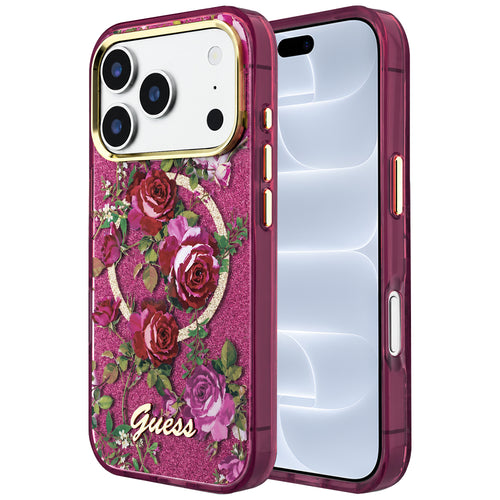 Husă pentru iPhone 17 Pro / iPhone 18 Pro, Guess IML Glitter Blossom Roses MagSafe, Bordo