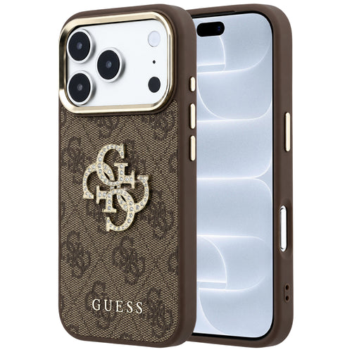 Husă pentru iPhone 17 Pro / iPhone 18 Pro, Guess Leather 4G Big Strass Logo, Maro