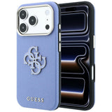 Husă pentru iPhone 17 Pro Max / iPhone 18 Pro Max, Guess Grained Leather and Big Resin Logo, Albastru deschis