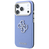 Husă pentru iPhone 17 Pro Max / iPhone 18 Pro Max, Guess Grained Leather and Big Resin Logo, Albastru deschis