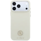 Husă pentru iPhone 17 Pro / iPhone 18 Pro, Guess Grained Leather Round Strass Logo MagSafe, Roz