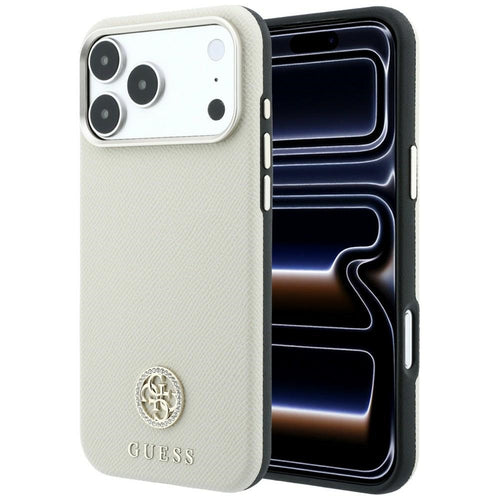 Husă pentru iPhone 17 Pro / iPhone 18 Pro, Guess Grained Leather Round Strass Logo MagSafe, Roz