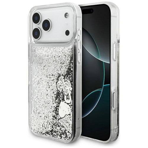 Husă pentru iPhone 17 Pro / iPhone 18 Pro, Guess Liquid Glitter Charms, Argintie