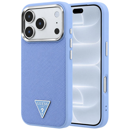 Husă pentru iPhone 17 Pro / iPhone 18 Pro, Guess Grained Triangle Logo MagSafe, Albastră deschis