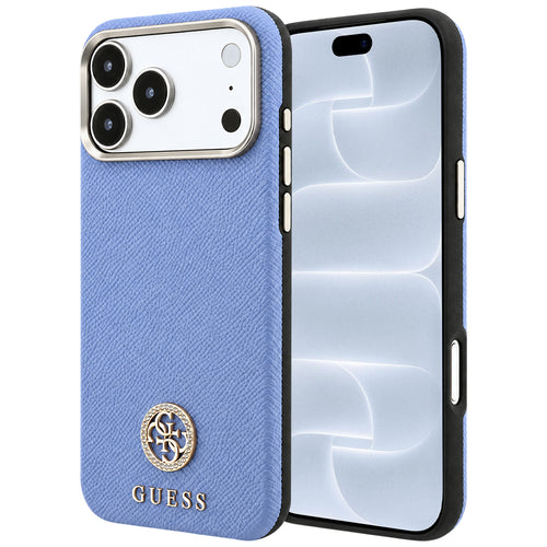 Husă pentru iPhone 17 Pro / iPhone 18 Pro, Guess Grained Leather Round Strass Logo MagSafe, Albastru deschis