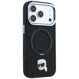 Husă pentru iPhone 17 Pro / iPhone 18 Pro, Karl Lagerfeld Leather Ring Stand 360 K Pin MagSafe, Neagră