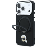 Husă pentru iPhone 17 Pro / iPhone 18 Pro, Karl Lagerfeld Leather Ring Stand 360 K Pin MagSafe, Neagră
