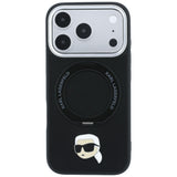Husă pentru iPhone 17 Pro / iPhone 18 Pro, Karl Lagerfeld Leather Ring Stand 360 K Pin MagSafe, Neagră