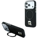 Husă pentru iPhone 17 Pro / iPhone 18 Pro, Karl Lagerfeld Leather Ring Stand 360 K Pin MagSafe, Neagră
