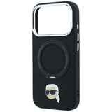 Husă pentru iPhone 17 Pro / iPhone 18 Pro, Karl Lagerfeld Leather Ring Stand 360 K Pin MagSafe, Neagră