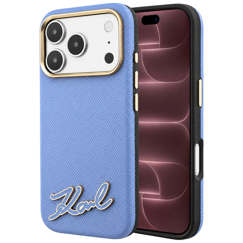 Husă pentru iPhone 17 Pro Max / iPhone 18 Pro Max, Karl Lagerfeld Grained Leather Resin Sign Logo MagSafe, Albastru deschis