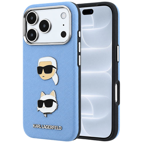 Husă pentru iPhone 17 Pro / iPhone 18 Pro, Karl Lagerfeld Saffiano K&C Heads Pins and Logo, Bleu