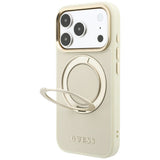 Husă pentru iPhone 17 Pro / iPhone 18 Pro, Guess Grained Leather Ring Stand 360 Classic Logo MagSafe, Bej