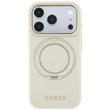 Husă pentru iPhone 17 Pro / iPhone 18 Pro, Guess Grained Leather Ring Stand 360 Classic Logo MagSafe, Bej