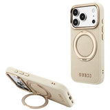 Husă pentru iPhone 17 Pro / iPhone 18 Pro, Guess Grained Leather Ring Stand 360 Classic Logo MagSafe, Bej
