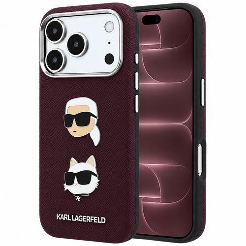Husă pentru iPhone 17 Pro Max / iPhone 18 Pro Max, Karl Lagerfeld Saffiano K&C Heads Pins and Logo, Bordo
