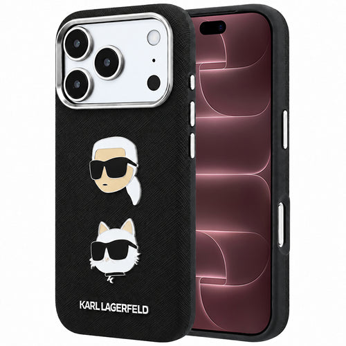 Husă pentru iPhone 17 Pro Max / iPhone 18 Pro Max, Karl Lagerfeld Saffiano with K&C Heads Pins and Logo, Neagră