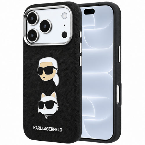 Husă pentru iPhone 17 Pro / iPhone 18 Pro, Karl Lagerfeld Saffiano with K&C Heads Pins and Logo, Neagră