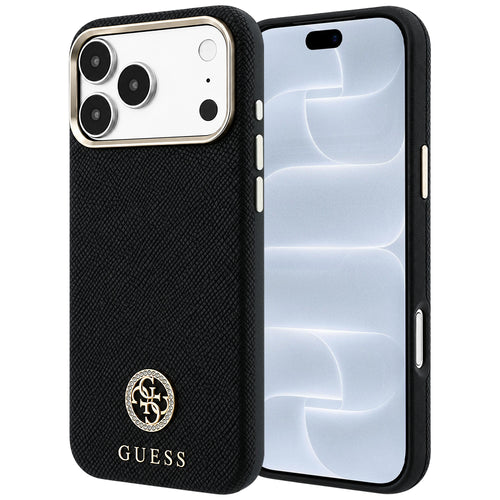 Husă pentru iPhone 17 Pro / iPhone 18 Pro, Guess Grained Leather Round Strass Logo MagSafe, Neagră