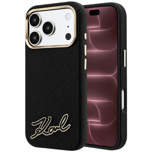 Husă pentru iPhone 17 Pro Max / iPhone 18 Pro Max, Karl Lagerfeld Grained Leather Resin Sign Logo MagSafe, Neagră