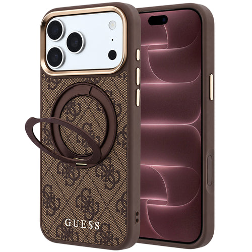 Husă pentru iPhone 17 Pro Max / iPhone 18 Pro Max, Guess Ring Stand 360 4G Leather Classic Logo MagSafe, Maro