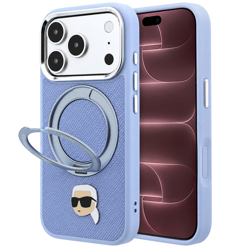Husă pentru iPhone 18 Pro Max / iPhone 17 Pro Max, Karl Lagerfeld Leather Ring Stand 360 K Pin MagSafe, Albastru deschis