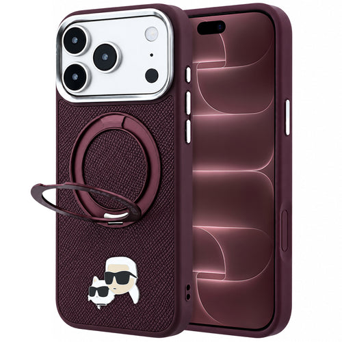 Husă pentru iPhone 17 Pro Max / iPhone 18 Pro Max, Karl Lagerfeld Leather Ring Stand 360 KC Pin MagSafe, Bordo