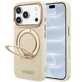 Husă pentru iPhone 17 Pro / iPhone 18 Pro, Guess Grained Leather Ring Stand 360 Classic Logo MagSafe, Bej