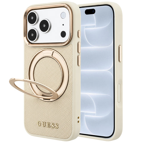Husă pentru iPhone 17 Pro / iPhone 18 Pro, Guess Grained Leather Ring Stand 360 Classic Logo MagSafe, Bej