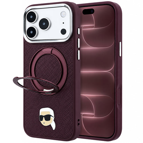 Husă pentru iPhone 17 Pro Max / iPhone 18 Pro Max, Karl Lagerfeld Leather Ring Stand 360 K Pin MagSafe, Bordo