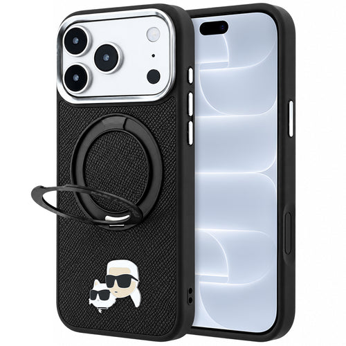Husă pentru iPhone 17 Pro / iPhone 18 Pro, Karl Lagerfeld Leather Ring Stand 360 KC Pin MagSafe, Neagră