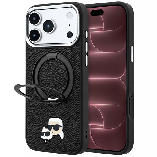 Husă pentru iPhone 18 Pro Max / iPhone 17 Pro Max, Karl Lagerfeld Leather Ring Stand 360 KC Pin MagSafe, Neagră
