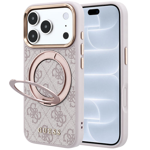 Husă pentru iPhone 17 Pro / iPhone 18 Pro, Guess Ring Stand 360 4G Leather Classic Logo MagSafe, Roz