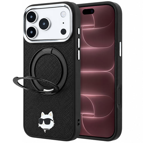 Husă pentru iPhone 17 Pro Max / iPhone 18 Pro Max, Karl Lagerfeld Leather Ring Stand 360 MagSafe, Neagră