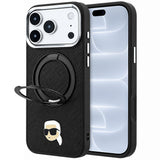Husă pentru iPhone 17 Pro / iPhone 18 Pro, Karl Lagerfeld Leather Ring Stand 360 K Pin MagSafe, Neagră