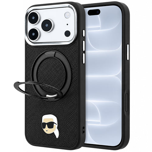 Husă pentru iPhone 17 Pro / iPhone 18 Pro, Karl Lagerfeld Leather Ring Stand 360 K Pin MagSafe, Neagră