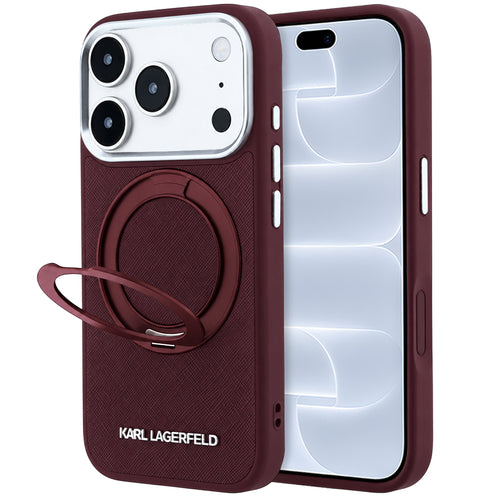 Husă pentru iPhone 17 Pro / iPhone 18 Pro, Karl Lagerfeld Ring Stand 360 Saffiano MagSafe, Bordo