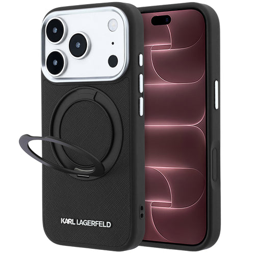 Husă pentru iPhone 17 Pro Max / iPhone 18 Pro Max, Karl Lagerfeld Ring Stand 360 Saffiano MagSafe, Neagră
