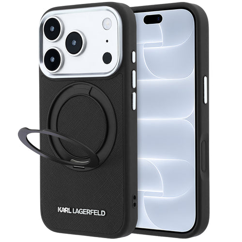 Husă pentru iPhone 17 Pro / iPhone 18 Pro, Karl Lagerfeld Ring Stand 360 Saffiano MagSafe, Neagră